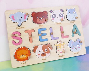Personalized Baby Gift with Custom Name, Wooden Baby Puzzle with Optional Animals & Thoroughly Painted Letters, Free Engraving BP063MA3123
