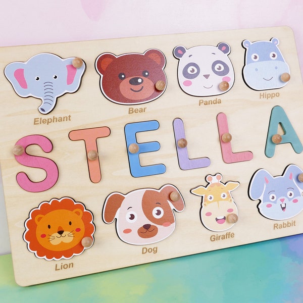 Personalized Baby Gift with Custom Name, Wooden Baby Puzzle with Optional Animals & Thoroughly Painted Letters, Free Engraving BP063MA3123