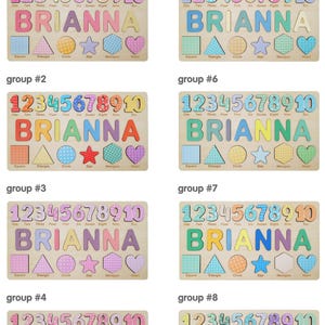 May include: Eight wooden puzzle boards with the name "BRIANNA" spelled out in colorful letters. Each board has numbers 1-10, a square, triangle, circle, star, hexagon, and heart. The boards are grouped by color.