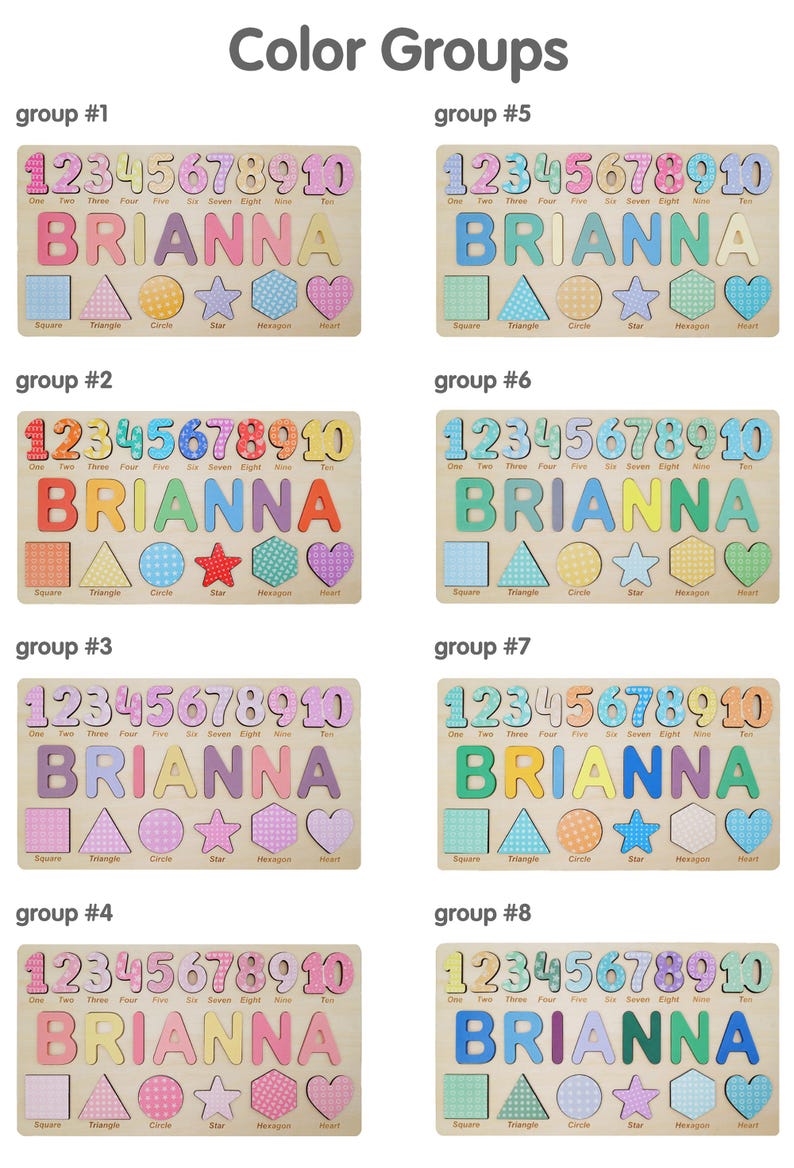 May include: Eight wooden puzzle boards with the name "BRIANNA" spelled out in colorful letters. Each board has numbers 1-10, a square, triangle, circle, star, hexagon, and heart. The boards are grouped by color.