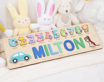 Personalized Kids Name Puzzle with Numbers & Animals, Custom Birthday Gift for Baby Boy or Girl, Wooden Baby Puzzle Name, BP093AP1723