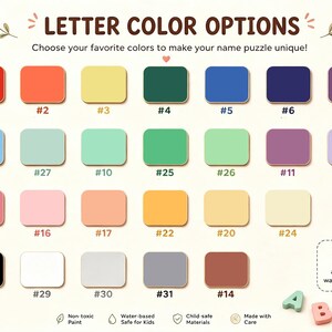 May include: A color chart titled LETTER COLOR OPTIONS displaying twenty-four numbered rectangular swatches in various hues including red, orange, yellow, green, blue, purple, pink, black, white, and gray. Text notes child-safe, non-toxic water-based paint.