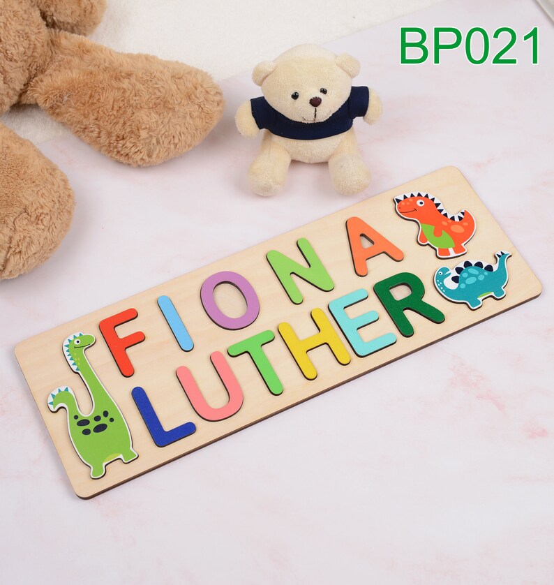 Custom 1st Birthday Present, Dinosaur Name Puzzle with Pegs, Toddlers Full Name Puzzle, Baby Shower Gift, Personalized Wooden Montessori Toy image 7
