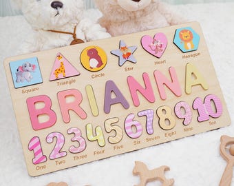 Aangepaste houten naampuzzel met vormen en cijfers – gepersonaliseerd peutercadeau voor verjaardag, babyshower of kerst