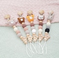 Personalized Baby Pacifier Clip, Crochet Binky Holder for Baby Girl, Custom Wooden Dummy Chain for Baby Boy w Animal Head, New Born Gift product logo
