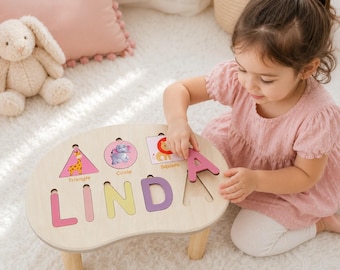 Personalized Toddler Puzzle Stool: Custom Name Gift  for 1–3 Year Olds – Wooden Educational Stool for Baby Shower or Birthday, 1st Christmas
