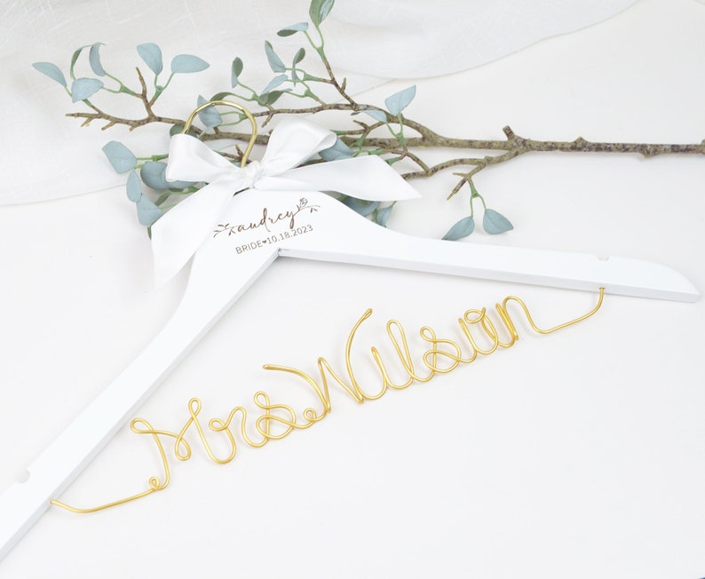 Personalized Hanger with Wire Name and Bow, Bridal Shower Gift for Bride, Personalized Bridal Hanger, Mrs Hanger, Bride Hanger, Wedding Gift image 1
