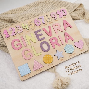 Personligt namnpussel i trä, present till pojkar och flickor, anpassade babygåvor, namnpussel med siffror, geometriska former, gravyr på baksidan bild 9