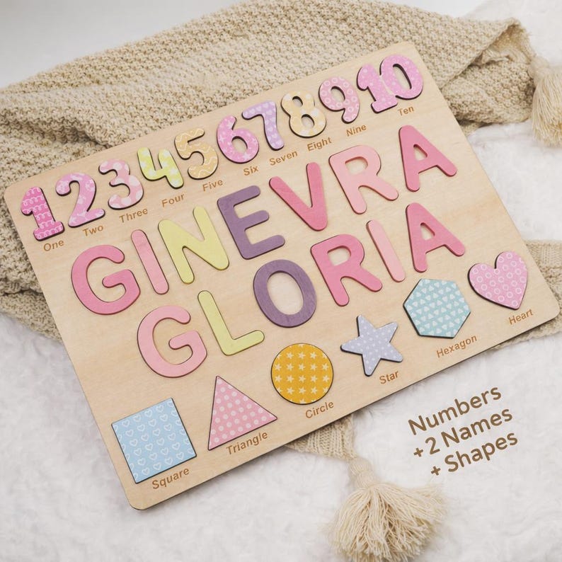 Personligt namnpussel i trä, present till pojkar och flickor, anpassade babygåvor, namnpussel med siffror, geometriska former, gravyr på baksidan bild 9