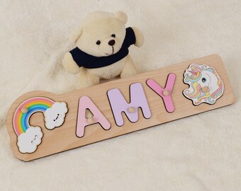 Quebra-cabeça com nome do arco-íris para meninos e crianças, presente de chá de bebê, presente de primeiro aniversário, brinquedos montessori, quebra-cabeça personalizado, sinal de nome do berçário