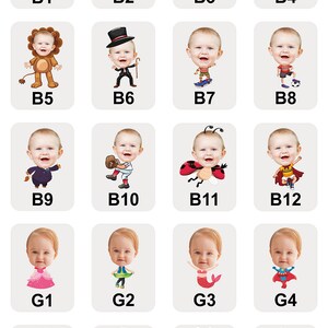 May include: A set of 16 digital illustrations featuring a variety of cartoon characters with different costumes and accessories. The characters are all babies with big heads and small bodies. The costumes include a lion, a bee, a king, a ladybug, a superhero, a mermaid, a fairy, and more.