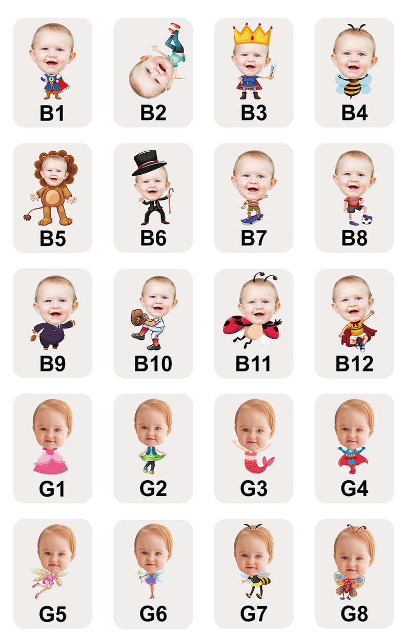 May include: A set of 16 digital illustrations featuring a variety of cartoon characters with different costumes and accessories. The characters are all babies with big heads and small bodies. The costumes include a lion, a bee, a king, a ladybug, a superhero, a mermaid, a fairy, and more.
