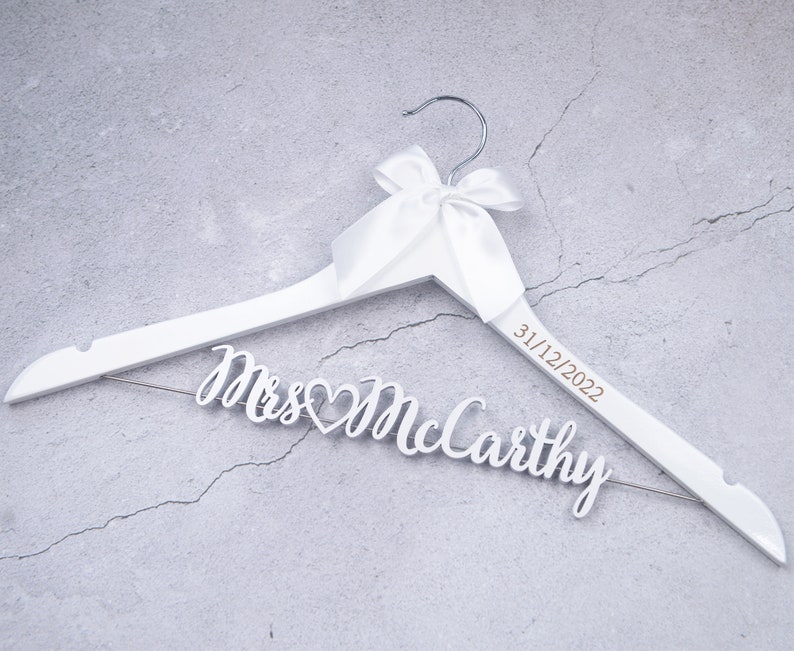 Wedding Hanger Engraved with Date Bridal Shower Gift Mrs Hanger Bride Hanger Laser Cut Gift for Her Wedding Shower Gift for Bride White with Date