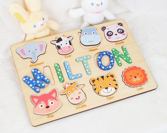 Personalized Wooden Name Puzzle with White Star Dotted Letters and Animal Head Shapes - Perfect Baby Gift,  Tyucustomgifts BP063I-AP51123