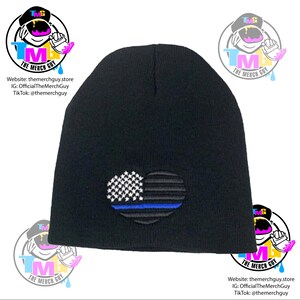 USA Flag Heart Embroidered Beanie, Blue Line, Red Line, Gold Line