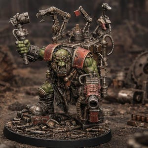 Könnte beinhalten: Eine grünhäutige Ork-Miniaturfigur mit metallischer Rüstung, roten Schulterplatten und einem mechanischen Rucksack mit beweglichen Armen. Die Figur hält ein Werkzeug in der einen Hand und hat eine große Kanone am anderen Arm, stehend auf einem Sockel.
