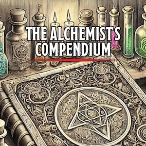 Puede incluir: Un libro abierto con un diseño intrincado en la portada. El libro se titula "The Alchemists Compendium". La portada presenta un pentagrama y otros símbolos. El libro está rodeado de varias botellas y viales.