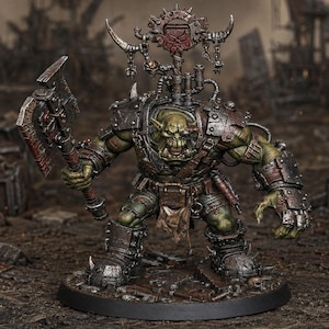 May include: A green-skinned orc miniature figure wearing weathered metal armour and heavy boots. The figure holds a large, rusted axe in one hand and features a mechanical back-mounted banner with a skull icon, pipes, and chains.