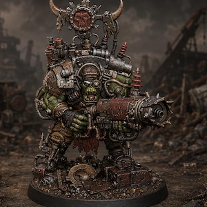 Pode incluir: Uma miniatura humanoide de pele verde com um tapa-olho mecânico, vestindo armadura metálica enferrujada e uma mochila grande com um emblema de chifres. A figura segura uma arma de fogo pesada e desgastada com detalhes vermelhos e metálicos.