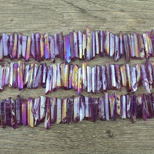 Perline di cristallo viola arcobaleno grezzo da 4-6x15-35 mm, perline di cristallo fucsia, perline di quarzo all'ingrosso, fornitura di perline di cristallo grezzo, gioielli fai da te