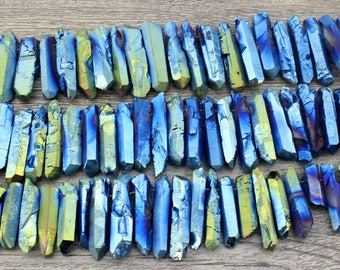 African Green Blue Titanium Quartz Point Beads, Quartz Pendant Beads, Raw Crystal Points Gemstone Quartz Stick Beads Jewelry Making Supplies