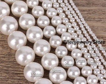 White Smooth Shell Pearls, 2mm 2.5mm 3mm 4mm 6mm 8mm 10mm 12mm AAA Grade Perfect Round Shell Pearl Beads for Jewelry Making, SH001