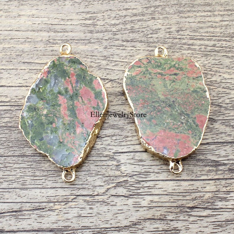 Druzy Slice Charm Beads Gold Plated Edge Pendant 1pcs Natural Green and Red Ocean Jasper Slab Pendant Gold Edge Double Bail Connector Link