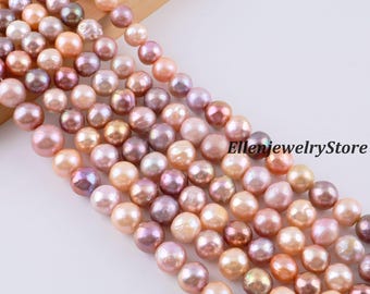 May include: A strand of round, lustrous freshwater pearls in varying shades of soft pink, peach, lavender, and mauve. The pearls are arranged in a dense, multi-row formation, displaying natural surface textures and iridescent highlights. Text reads EllenjewelryStore.