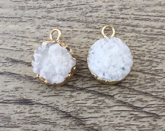 1pcs Small Round Gold Plated White Natural Agate Druzy Geode Charm Pendant, 15mm Natural Drusy Crystal Gemstone Pendent Making Jewelry-TR150