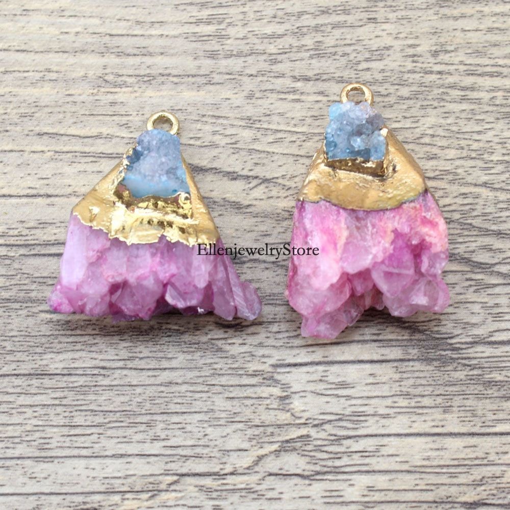 Pendentif En Agate Druzy Avec Cristaux Roses, 32x25x15mm - Neuf Sans Emballage