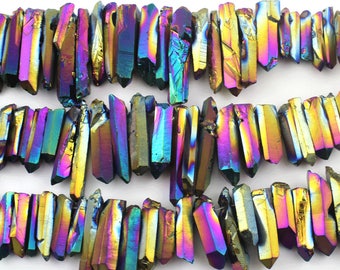 6-8X20-40MM Natural Titanium Quartz Beads,Rainbow Coated Crystal Pendant Beads,Raw Crystals Spike Beads,Rough Gemstones for Necklace Making