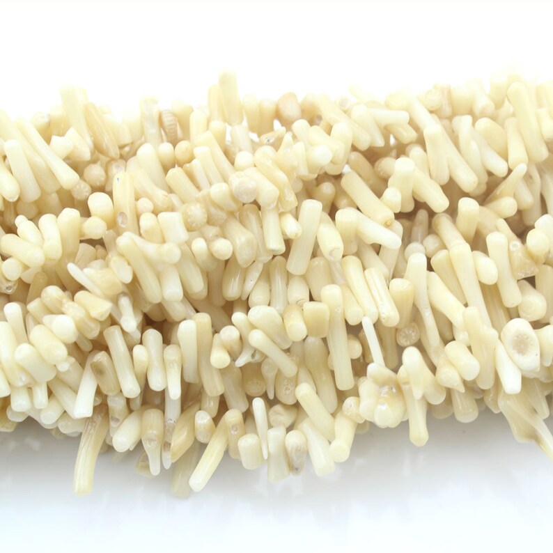 May include: A strand of white coral beads, each bead is a long, thin, irregular shape.
