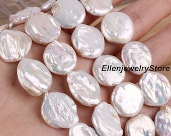 11-12X17-19mm Natural White Button Pearl, Fresh Water Coin Pearl Strand, Loose Pearls Beads, Wholesale Pearl, Pearl Jewelry Making, NK001-8