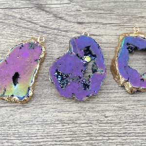 High Quality 1PCS ON SALE Nature AB Purple Druzy Geode, Agate Slice Pendant, Druzy Cluster Pendant, Gold Electroplated Edge Drusy Pendant