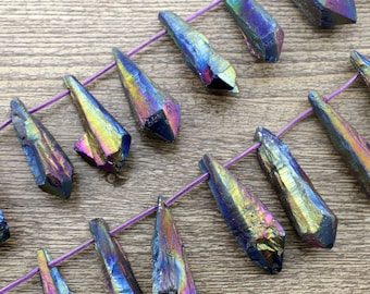 16 Stück rohe Regenbogen Schwarz Kristallnuggets Punkte, raue Quarz Kristall Stick Perlen, Teardrop Punkt Perlen, facettierte Quarz lose Perlen, DIY Halskette