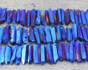 20-40mmx6-8mm Blue Quartz Points Beads,Titanium Aura Quartz Crystal Point Beads,Rough Quartz Crystal Stick Beads,Wholesale Loose Beads,DIY