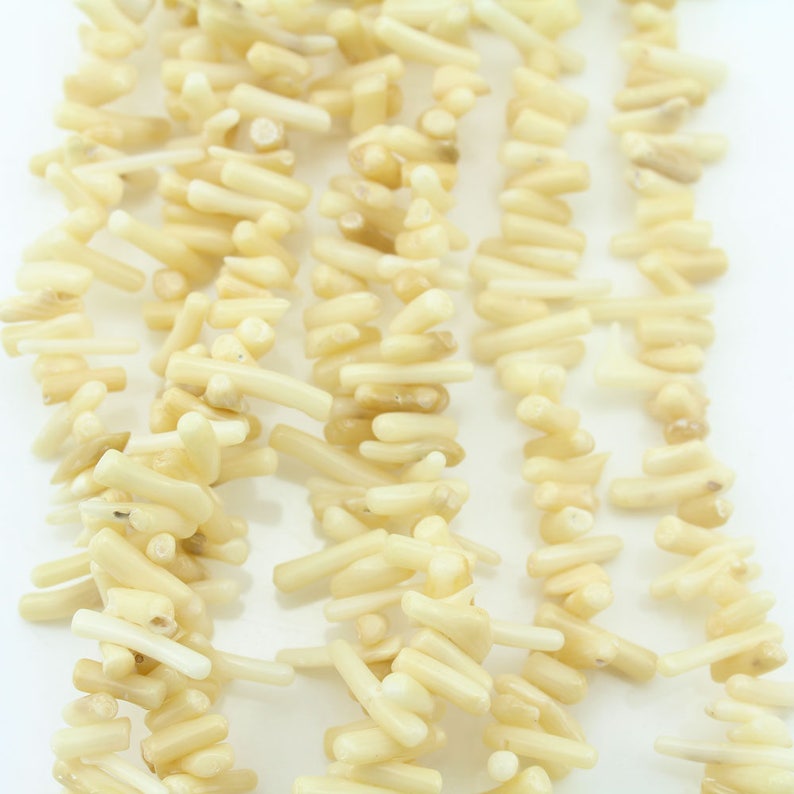 May include: A strand of off-white coral beads. The beads are long and thin, resembling small sticks. The beads are strung together to create a necklace or bracelet.