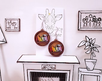 Bookshelf Hoop earrings. Layered 3D rainbow simple bookshelf earrings. Laser engraved hand painted wood book earrings.