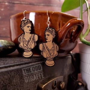 Artemis/Diana statue bust earrings. Laser engraved handpainted wood earrings.