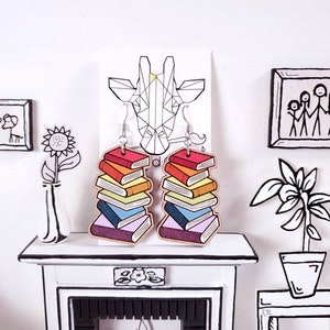 The Original Rainbow Bookstack. Handpainted cartoon rainbow book stack statement earrings. Laser engraved wood. 5 sizes.