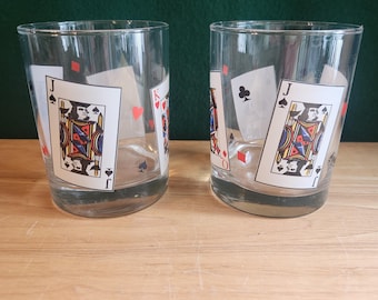 2 Poker Glasses MCM Face Card Rock Whiskey Barware 12 oz. Cups Luminarc