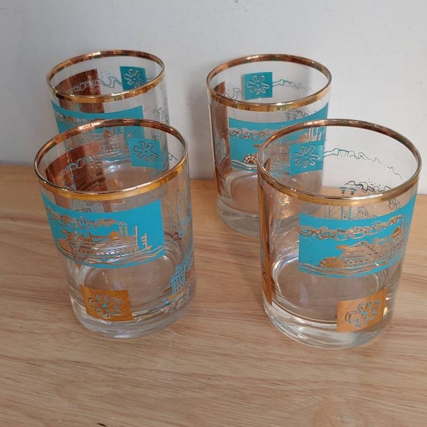 4 Atomic Ware Whiskey Turquoise Gold Libbey Glasses Steamboat Barware Highball Cocktail Set