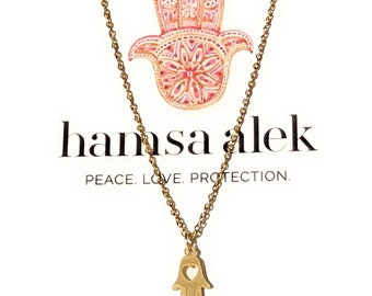 HAMSA ALEK | Mini Hamsa Love - Minimalist Hand of Fatima - Pendant Charm Gold Necklace - Gift for Her - Moroccan Evil Eye Protection heart