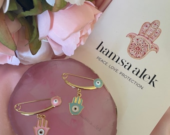 HAMSA ALEK Evil Eye Pin 18K Gold Plated for Baby Stroller Backpack or Clothing Enamel Hand of Fatima Pink or Blue Gift Ready