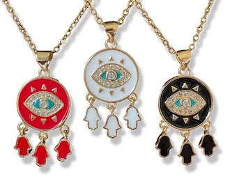 Enamel Evil Eye Chandelier Hamsa Pendant Necklace