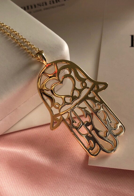 HAMSA ALEK 14K Gold Plated LARGE Moroccan Heart Pendant Chain