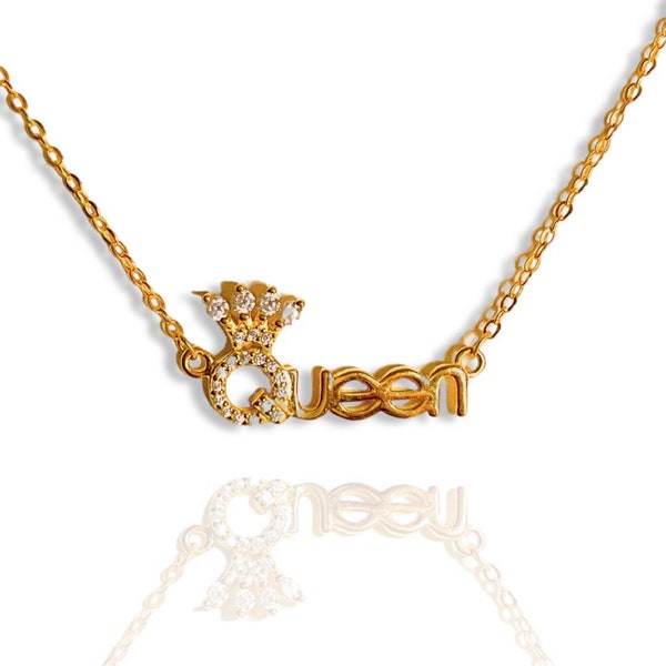 Queen Name Plate 925 Sterling Silver Gold Plated necklace teacher BFF women gift