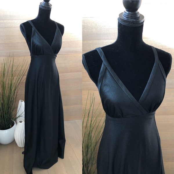 Vintage 70er Jahre Sexy schwarz Studio 54 Polyester lange Maxi Disco Kleid von Christopher Ryan XS Empire Taille