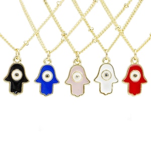 Mini Enamel Hamsa - Gold Plated Bead Chain Necklace