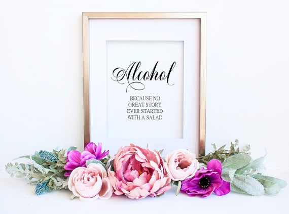 Pink /& Gold Floral Deco Alcohol Bar Love Story Wedding Sign Print